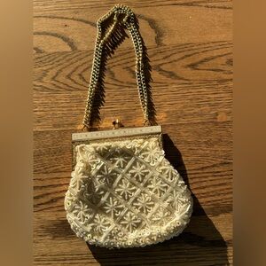 Vntage  Cream Beaded Handbag with Gold Chain